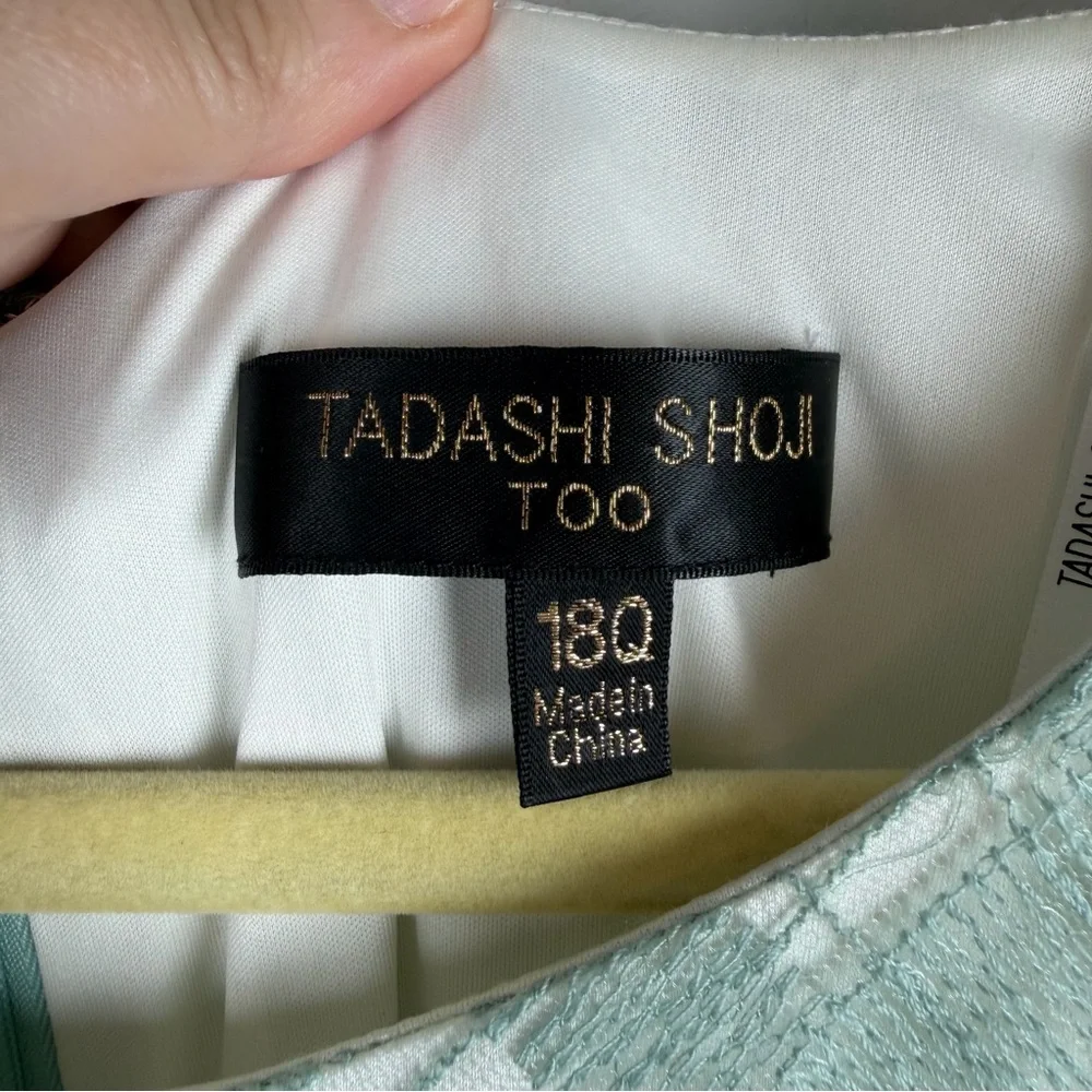 Tadashi Shoji EMBROIDERED TULLE PLEATED Lace Sheath Green Mint DRESS 18Q Easter